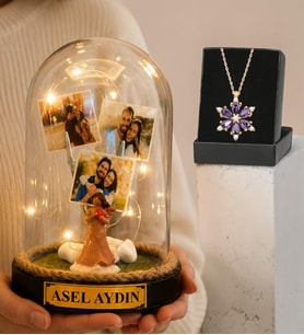 Kişiye Özel 3 Fotoğraflı Şans Melekli Led Işıklı Fanus ve Gerçek Ametist Taşlı Lotus Kolye