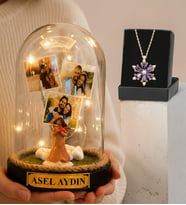 Kişiye Özel 3 Fotoğraflı Şans Melekli Led Işıklı Fanus ve Gerçek Ametist Taşlı Lotus Kolye