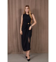 Kadın Kalın Askılı Yırtmaçlı Linda Kumaş Elbise