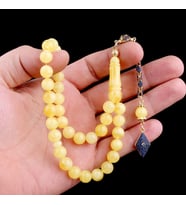 Damla Kehribar Tesbih Lacivert Renk Zirkon Taşlı Gümüş Püsküllü