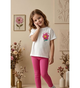 Cute Flower Baskılı Kız Çocuk Takımı – Pembe Taytlı