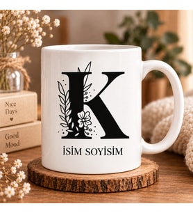 Kişiye Özel Baş Harf ve İsim Yazılı Çiçek Motifli K Harfli Seramik Kupa Bardak
