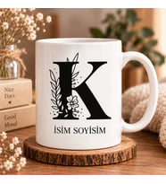 Kişiye Özel Baş Harf ve İsim Yazılı Çiçek Motifli K Harfli Seramik Kupa Bardak