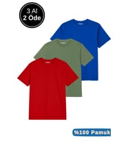 Erkek 3'lü Paket Kırmızı-Mavi-Koyu Yeşil Pamuklu Oversize Tişört Bisiklet Yaka Kısa Kollu T-Shirt