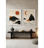 Doğa Motifli Minimalist 2'li Ahşap Çerçeveli Tablo Seti