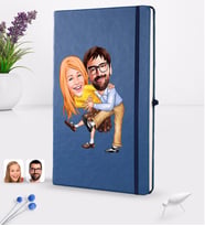 BK Gift Kişiye Özel Sevgililer Karikatürlü Karikatürlü Lacivert Termo Deri Defter 16x24cm Model 102