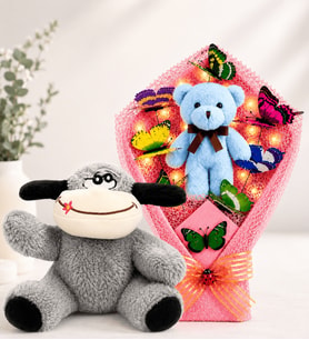LED Işıklı Ayıcıklı Büyük Boy Kelebek Buketi ve Peluş Eşek Sevgiliye Arkadaşa Anneye Kadına Hediye