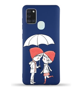 Samsung Galaxy A21s Uyumlu Lansman Kılıf Aşk Tasarımlı İçi Kadife Kapak-Lacivert (Şeffaf)