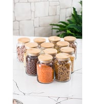 12 Lü Set Bambu Kapaklı Cam Kavanoz & Erzak Saklama Kabı 800 ml Orta  Boy ( Vakum Kapak )