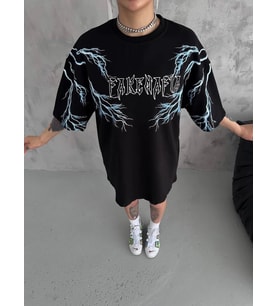 Kadın Bisiklet Yaka Baskılı Kısa kol Oversize T-Shirt - Siyah