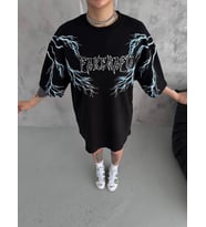 Kadın Bisiklet Yaka Baskılı Kısa kol Oversize T-Shirt - Siyah