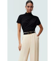 Fitted Dik Yaka Kısa Kollu Esnek Örme Bluz Yazlık Günlük Seçkin Malzeme Uzun Ömürlü (Siyah)