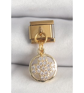316L Çelik Gold Renk Sallantı Zirkon Taşlı Yonca Model Nomination Charm 5886 - SSSSSS5961-8542
