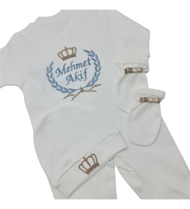 Isimli Hastane Çıkışı 3 Lü Set Laruel Desenli Erkek Bebek (Ekru)