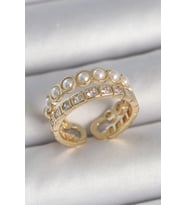 Pirinç Gold Renk 2'Li Zirkon Taşlı Ve İncili Ayarlanabilir Kadın Yüzük (Altın)