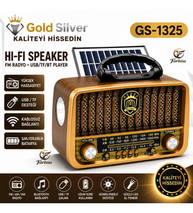 GS-1325 Nostaljik Radyo Güneş Enerjili Bluetooth Hoparlör USB/TF Kart Girişli Güçlü Fenerli Şarjlı