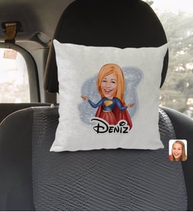 BK Gift Kişiye Özel İsimli Süper Girl Karikatürlü Kare Araç Koltuk Yastığı-1