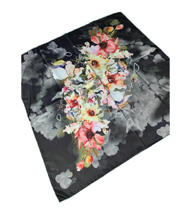Emilya Rayon Çiçek Desenli Şal Eşarp 90x90 cm (Siyah-Gri)
