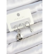 Pirinç Zirkon Taşlı Sallantılı Yıldız Model Gümüş Renk 3'lü Çift Kadın Küpe Set - TJ-BKP10792