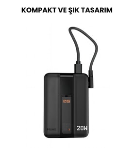20W Hızlı Şarj Destekli MagSafe Kablosuz Powerbank  Dahili Type-C Kablolu, LED Göstergeli, Mat Siyah Kompakt Taşınabilir Şarj Cihazı
