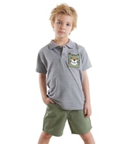 Kaplan Erkek Çocuk Polo Yaka T-shirt Şort Takım (Gri-Hakı)