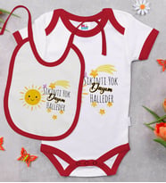 BK Kids Sıkıntı Yok Dayım Halleder Tasarımlı Kırmızı Bebek Body Zıbın ve Mama Önlüğü Hediye Seti-1
