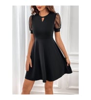 Kadın Kısa Tül Kollu Yuvarlak Yaka Damla Detaylı Kısa Ithal Krep Elbise