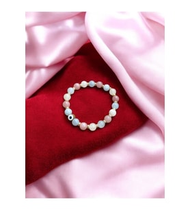 🧿 Nazar Boncuklu Doğal Taş Kadın Bileklik – Pembe Kuvars, Ay Taşı, Akuamarin – Sertifikalı