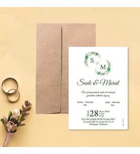 Davetiye Zarf ve Baskı Dahil (Beyaz yada Kraft Zarflı) - Yeşil Çiçekli Tasarım - Nişan, Nikah, Kına, Düğün Davetiyesi (Kahverengi)