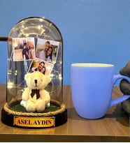 Kişiye Özel Tasarım Led Işıklı Fanus ve Turkuaz Kupa Bardak Hediye Seti (Model 1)