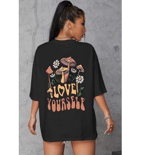 Kadın Baskılı Oversize kısa kol T-Shirt - Siyah