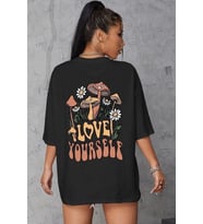 Kadın Baskılı Oversize kısa kol T-Shirt - Siyah