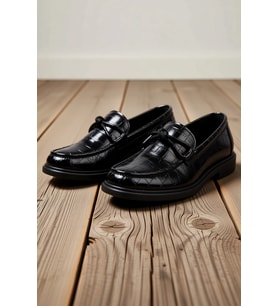 Kadın Tıknaz Topuklu Loafer Ayakkabı Crocodile Desen Fiyonklu Detaylı Bağcıksız Rahat Günlük Modern
