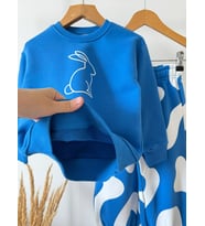 Tavşan Baskılı Mavi Sweatshirt Desenli Eşofman Kız & Erkek Çocuk 3ip Alt Üst Takım