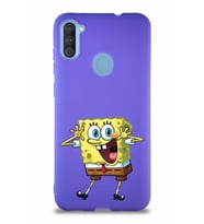 Samsung Galaxy A11 Soft Premier Kapak Sünger Bob Tasarımlı Silikon Kılıf - Mor (Şeffaf)