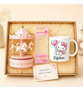 Kişiye Özel Hello Kitty İsme Özel Kupa Bardak Ve Atlı Karınca Müzik Kutusu Jel Kum Saati Hediye Seti