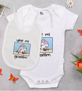 BK Kids Yine Mi Güzelim Tasarımlı Beyaz Bebek Body Zıbın ve Mama Önlüğü Hediye Seti-1
