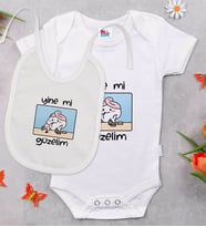 BK Kids Yine Mi Güzelim Tasarımlı Beyaz Bebek Body Zıbın ve Mama Önlüğü Hediye Seti-1