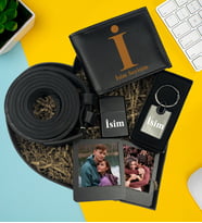 Kişiye Özel Premium Kalp Kutu Cüzdan Kemer Metal Lüx Anahtarlık Metal Çakmak İkili Siyah Mdf Masaüstü Çerçeve Hediye Set