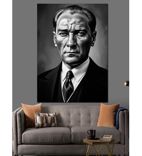 Siyah Beyaz Karizmatik Atatürk Portresi Dekoratif Kanvas - Mdf Ahşap Tablo