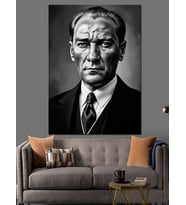 Siyah Beyaz Karizmatik Atatürk Portresi Dekoratif Kanvas - Mdf Ahşap Tablo