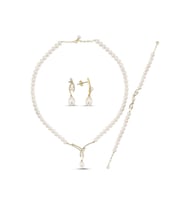 Yaprak Taşlı Doğal İncili Küpe Kolye Bileklik Üçlü Set (Sarı)