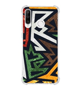 Huawei P30 Lite  Köşe Korumalı Antişok Kapak Soyut Grafiti Tasarımlı Şeffaf  Kılıf