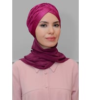 Şarabi Pratik Hazır Geçmeli Tesettür Bone Fukuro Piliseli Tek Çapraz Büzgülü Şifon Atkılı 1824A_08