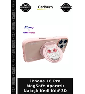 iPhone 16 Pro MagSafe Aparatlı Nakışlı Kedi Kılıf 3D Cihaz Koruma Akıllı Telefon Pembe Kapak