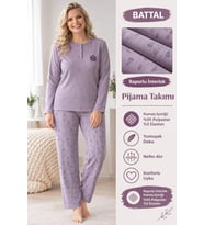 Lindros Kadın Düğme Yaka Raporlu İnterlok KIŞLIK Battal Pijama Takımı 03016 - 1 Adet