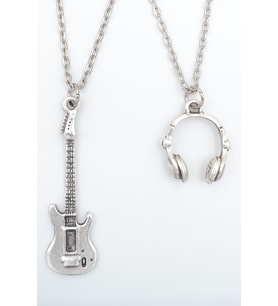 2'li Elektro Gitar - Kulaklık Gümüş Kaplama Unisex Düz Zincir Kolye Seti kod 1033