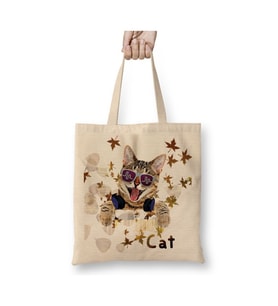 Eğlenceli Kedi Cat Beyaz Bez Çanta Uzun Saplı Alışveriş Çantası Plaj Çantası