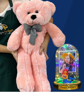 Kişiye Özel Renkli Led Işıklı Fanus ve Büyük Boy Pembe Peluş Ayıcık (Model 3)