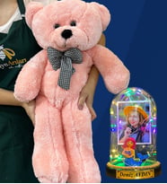 Kişiye Özel Renkli Led Işıklı Fanus ve Büyük Boy Pembe Peluş Ayıcık (Model 3)